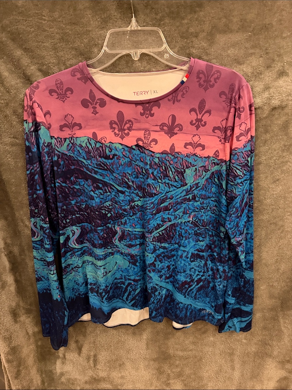Terry Long Sleeve Mountain Print Cycling Top in Purple & Blue